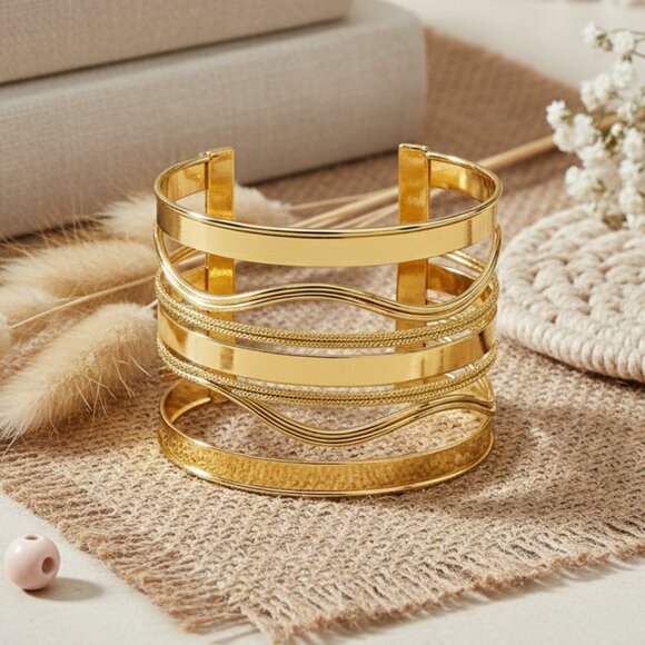Bold & Modern Gold Plated Iron Trendy Fashion Wide Hollow Cuff Bracelet - Picture 3 of 10